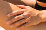 with her hand facing to the left the model is wearing the sterling silver coffee bean ring