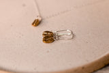 resting flat on a plate sits a pair of brass coffee bean earrings with silver hooks